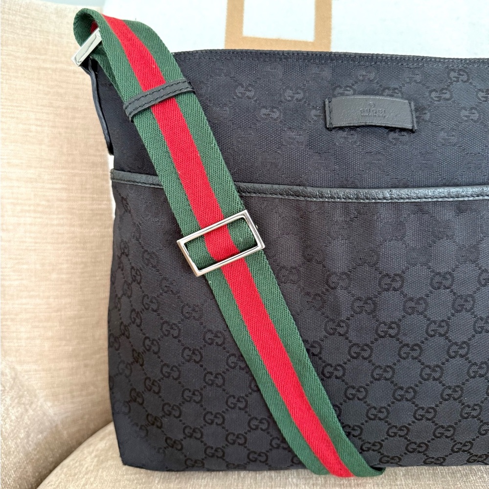 Gucci authentic black monogram canvas crossbody Messanger bag red green ribbon - Picture 5 of 16